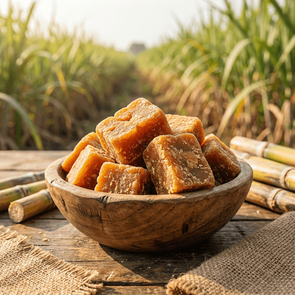 Organic Jaggery Blocks in rustic bowl