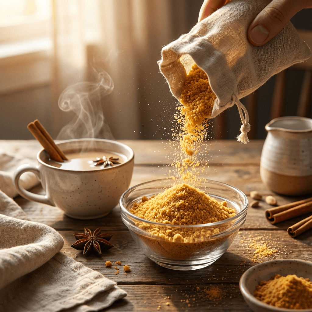 Finely Ground Jaggery Powder pouring in bowl